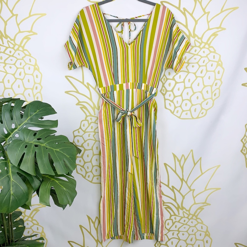 June & Hudson Multicolor Striped Jumpsuit w/ Belt Women's S Short Sleeve Spring!